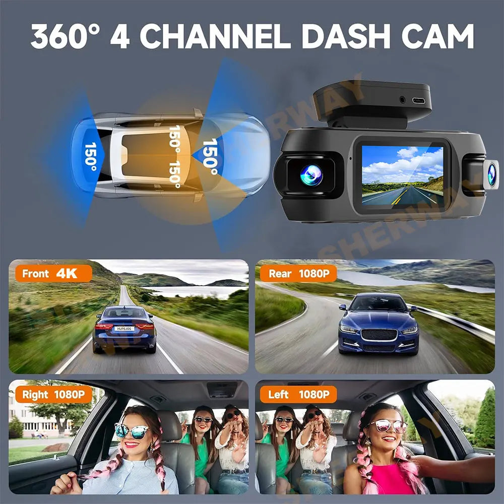 4 Channel 4K Dash Camera for Cars 360° Dashcam 4 Lens 1080p Front Left Right Rear Car DVR Built-in Wifi GPS WDR Night Vision Cam