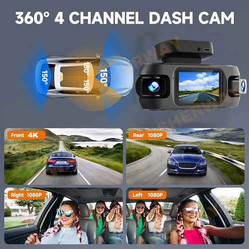 4 Channel 4K Dash Camera for Cars 360° Dashcam 4 Lens 1080p Front Left Right Rear Car DVR Built-in Wifi GPS WDR Night Vision Cam