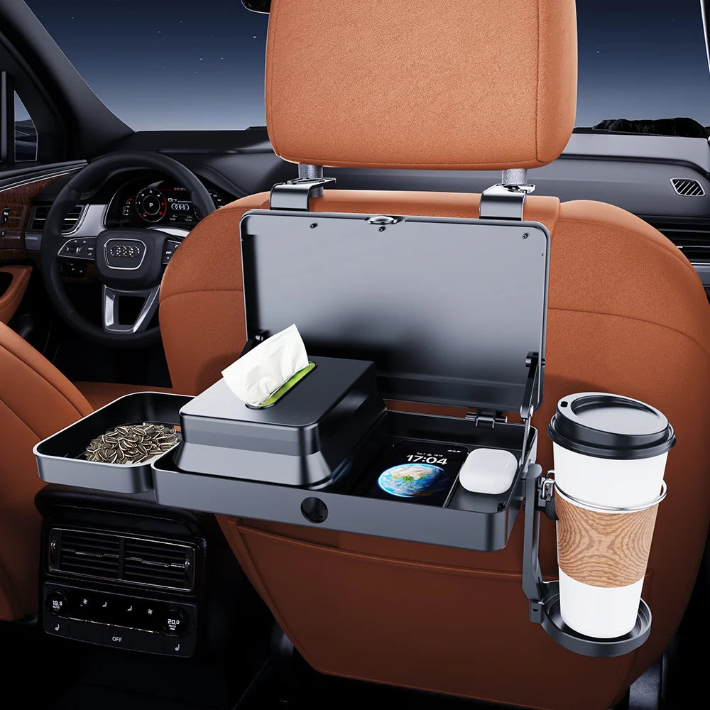 Car Backseat Organizer with Foldable Tray Dual Cup Holders Large Storage Space Easy to Install Vehicle Seat Back Accessories