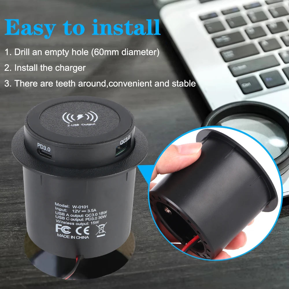 Quick Charge PD 3.0 Car Charger USB Type-C For Camper Truck ATV Boat Car RV Embedded Wireless Charger 15W Outlet Socket