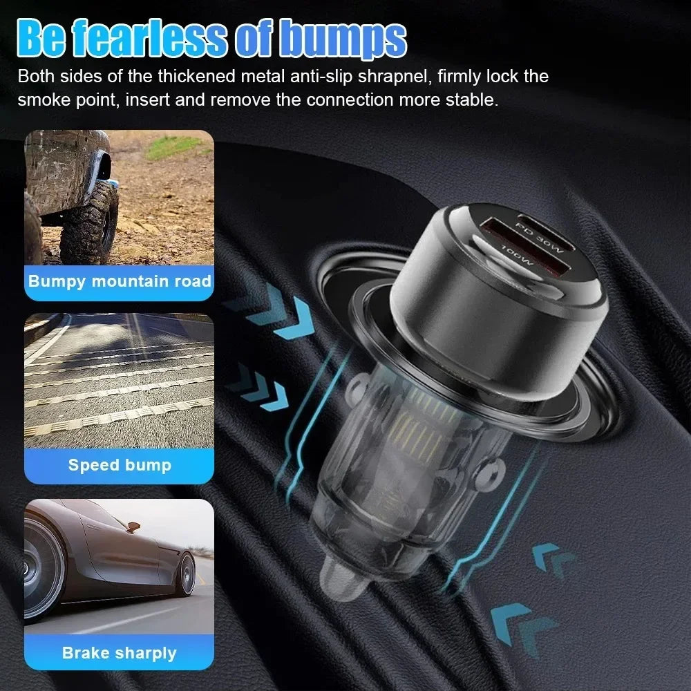130W Type C Transparent Car Charger USB Fast Charging in Car for iPhone 16 15 Xiaomi 14 Huawei Quick Charge Mobile Phone Charger