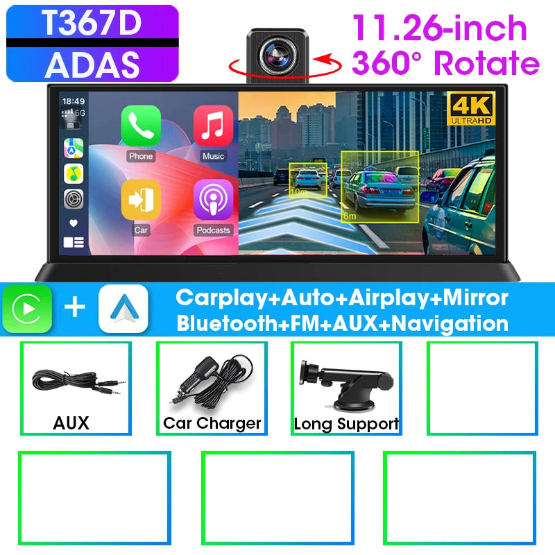 10/11.26" 4K ADAS Car DVR 360° Rotate Dashcam 1080P Rear Camera Wireless Carplay&Android Auto Adas GPS Navigation Dual Recording