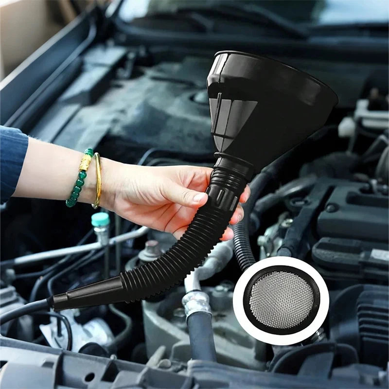 Universal Oil Funnel Kit w/Filter – Durable Plastic Fine Mesh Leak-Proof for Cars/Motorcycles/ATVs/Trucks Incl Extensions & Hose