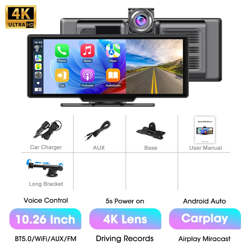 10.26'' 4K Dash Cam Car DVR Android Auto Carplay Display Screen Smart Car System Video Recorder Monitor With Rear Camera 5G WIFI