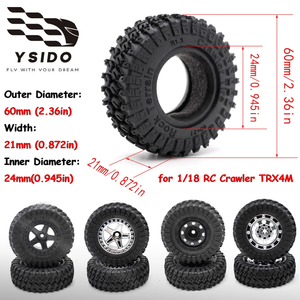1/18 RC Crawler TRX4M Parts 4PCS 1.3inch Beadlock Wheel Rubber Tyres 60*21mm Front Rear Tires 7mm HEX for RC Car Upgrade Parts