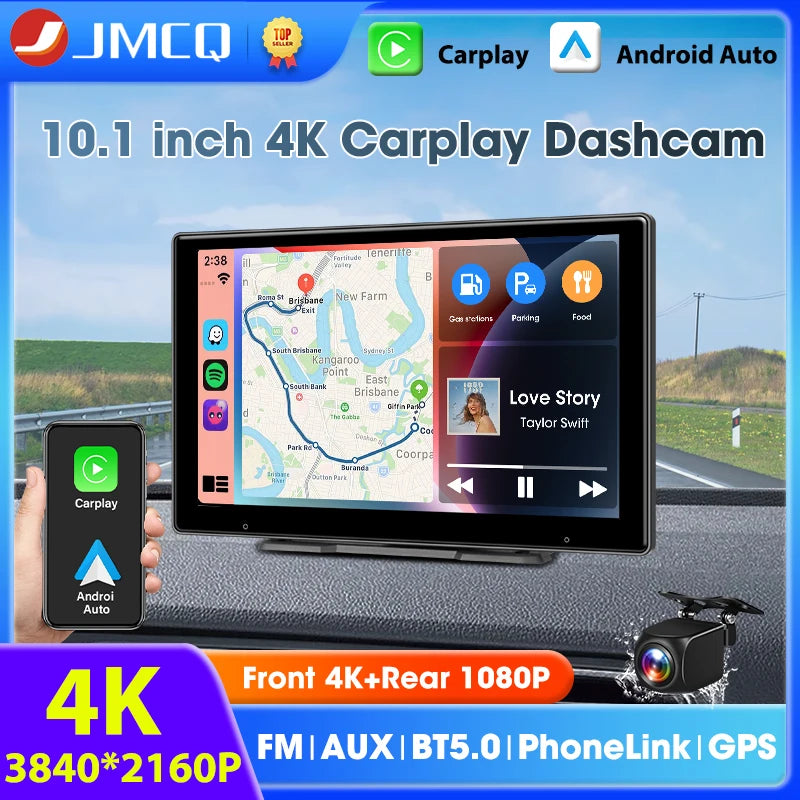Portable 10.1 inch 4K Dashcam Wireless Carplay Android Auto DVR Car Intelligent Systems Dashboard Car DVR Bluetooth FM AUX