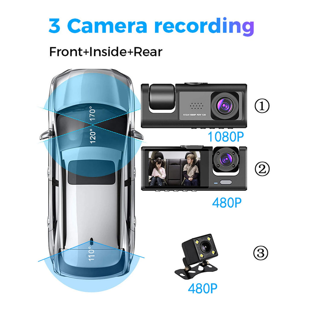 3 Cameras Dash Cam Multi-Language Clear Car Rearview Mirror Car Video Recording Camcorder Wide Angle Car Camera Recorder WIFI