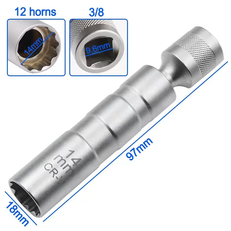 Llave de bujía universal de 3/8 de pulgada, llave de vaso magnética de 12 puntas, ángulo de pared delgada, herramientas de extracción de bujías de encendido para automóviles de 14 mm y 16 mm