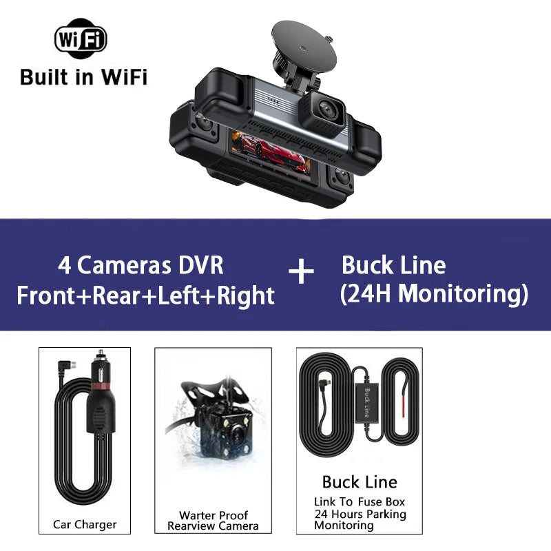 dashcam 4 channels wifi car dvr dashboard cameras for car way back box parking mode 24h front and rear interior 360 dash cam