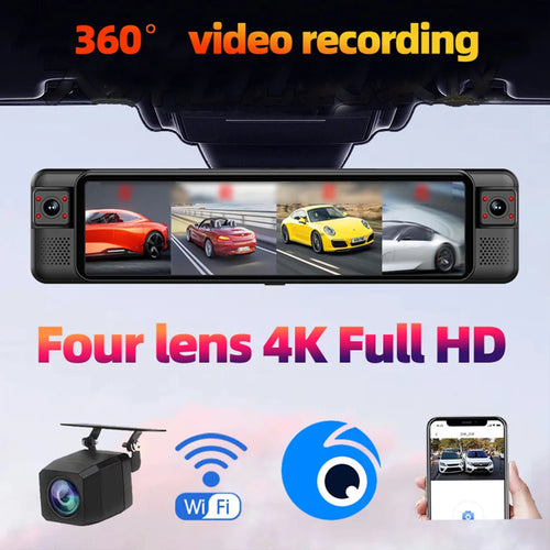 4CH Dash Cam 12" 4K+1K+1K+1K WIFI Rear View Mirror 4 Cameras Video recorder Car DVR ADAS BSD Night Vision 24H Parking Monitor