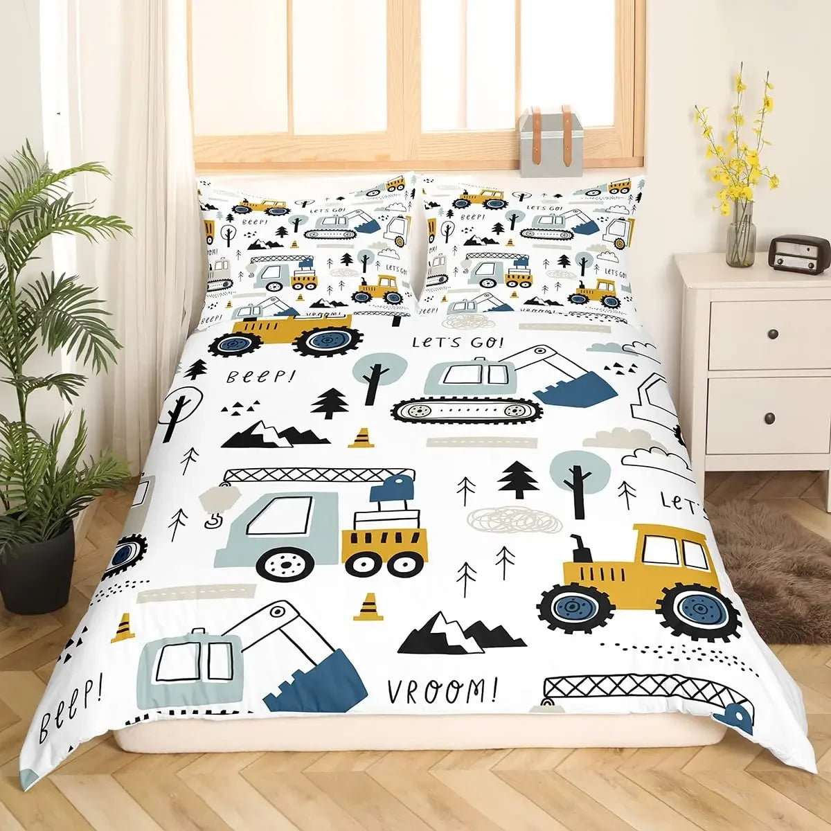 Construction Vehicles Boys Excavator Duvet Cover Yellow Tractor Truck Bedding Set for Teens Child Old Retro Car Theme Room Decor