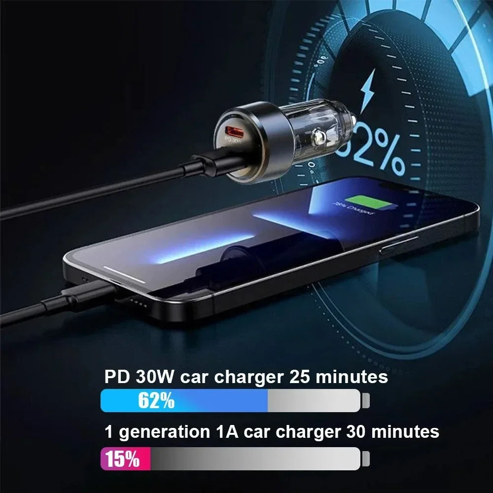 130W Type C Transparent Car Charger USB Fast Charging in Car for iPhone 16 15 Xiaomi 14 Huawei Quick Charge Mobile Phone Charger