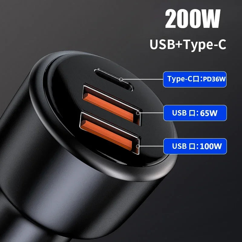 200W USB PD Car Charger 3port Super Fast Charger2.0 100W 65W SuperCharge QC3.0 for Honor Xiaomi Vivo Huawei iPhone 14 13Pro