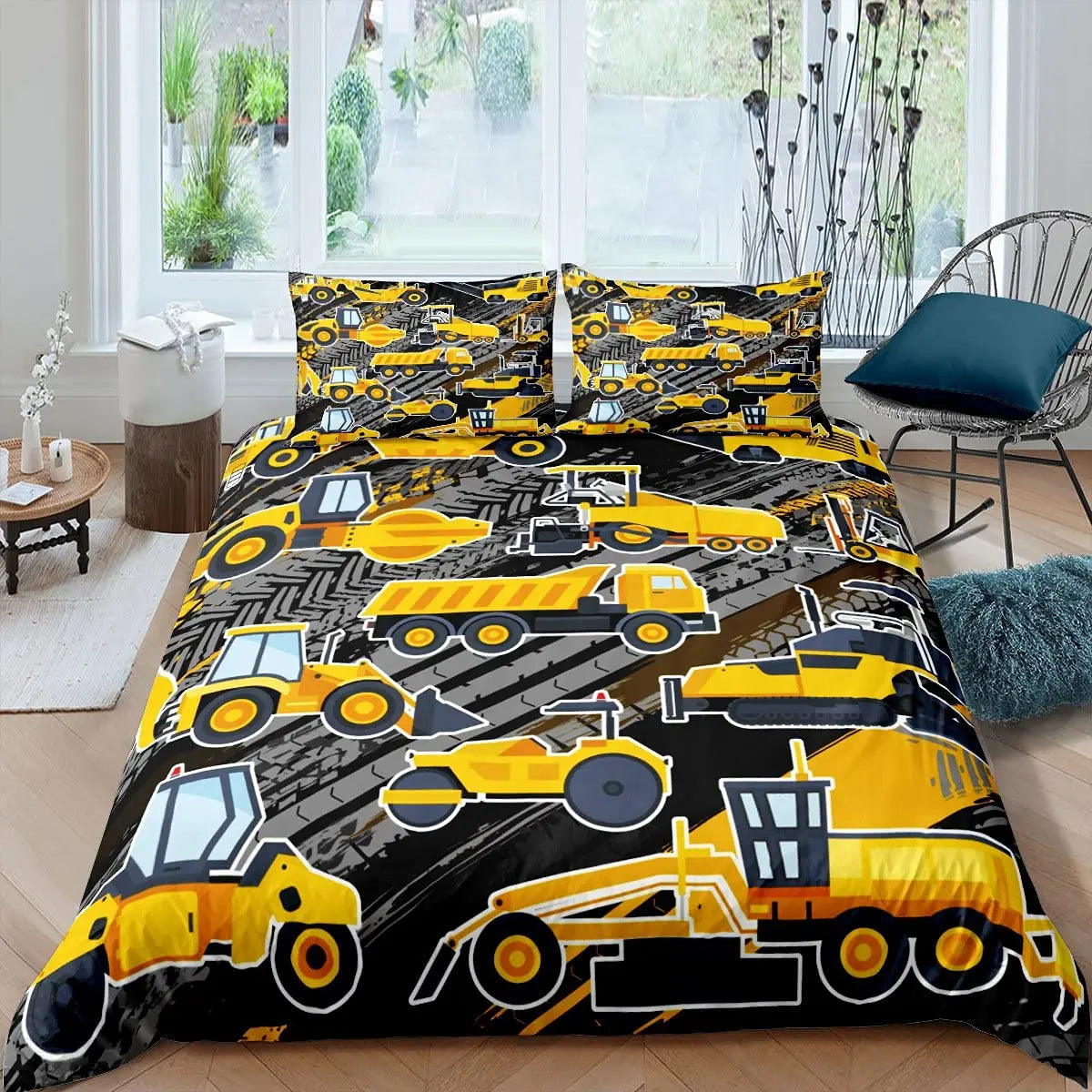 Construction Vehicles Boys Excavator Duvet Cover Yellow Tractor Truck Bedding Set for Teens Child Old Retro Car Theme Room Decor