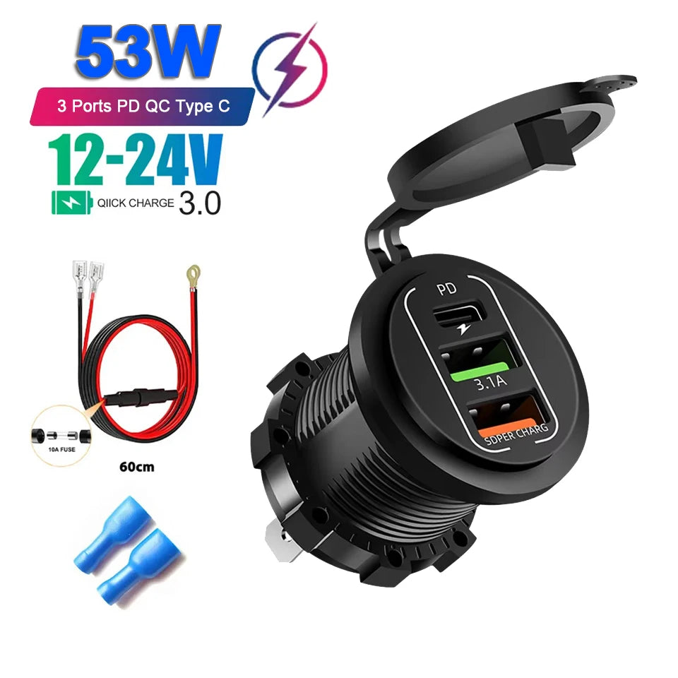 86W Car Charger PD Type C QC3.0 Fast Charging with Voltmeter Power Outlet Adapter Waterproof 12V/24V for Car Boat Motorcycle