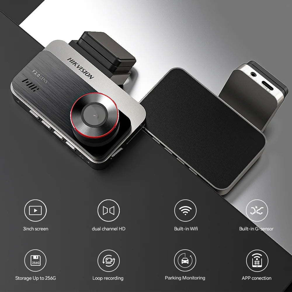 Hikvision C200S Dash Cam: 1080P Full HD + 128° Wide-Angle Lens, F2.0 Aperture for Clear Night Vision, G-Sensor for Collision Vid