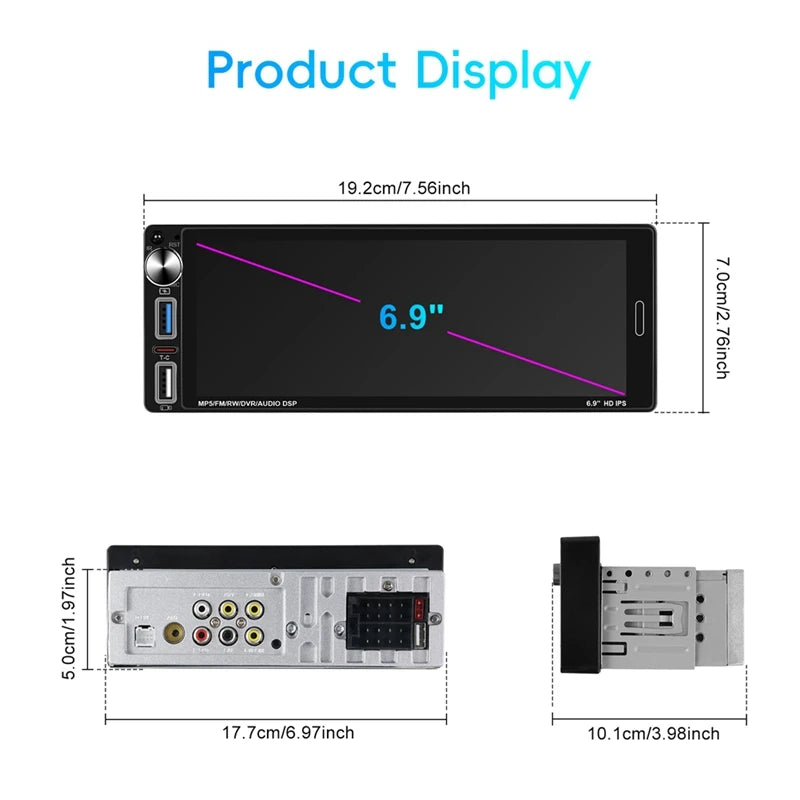 Single Din Car Stereo With Carplay Android Auto, 6.9 Inch IPS Touch Screen Car Radio Bluetooth FM AM USB SWC