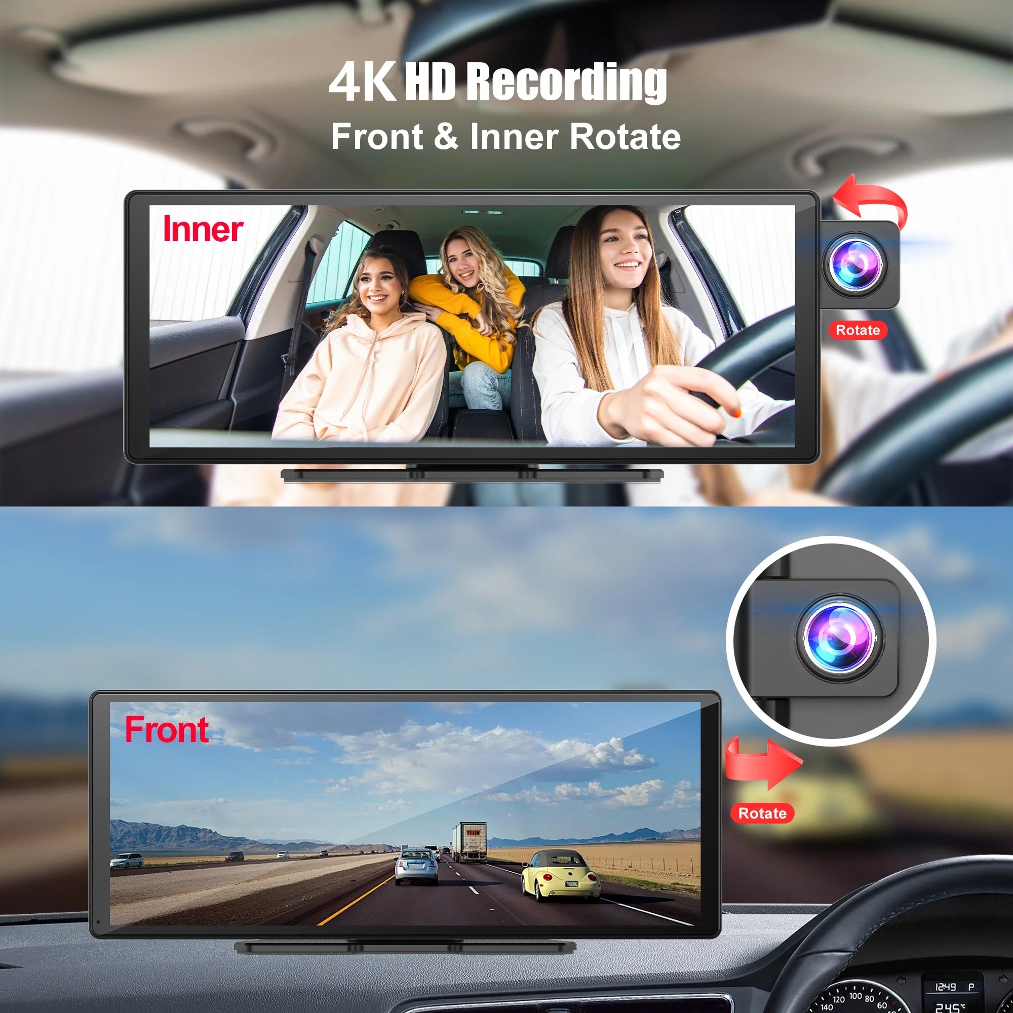 Dash Cam11.3"  4K 2160P Rearview Camera Carplay & Android Auto GPS Navigation with Voice Control Car DVR BT FM Monitor