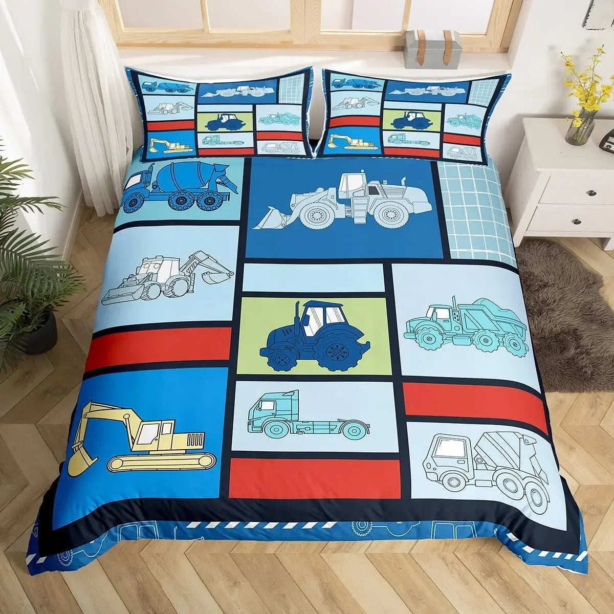 Construction Vehicles Boys Excavator Duvet Cover Yellow Tractor Truck Bedding Set for Teens Child Old Retro Car Theme Room Decor