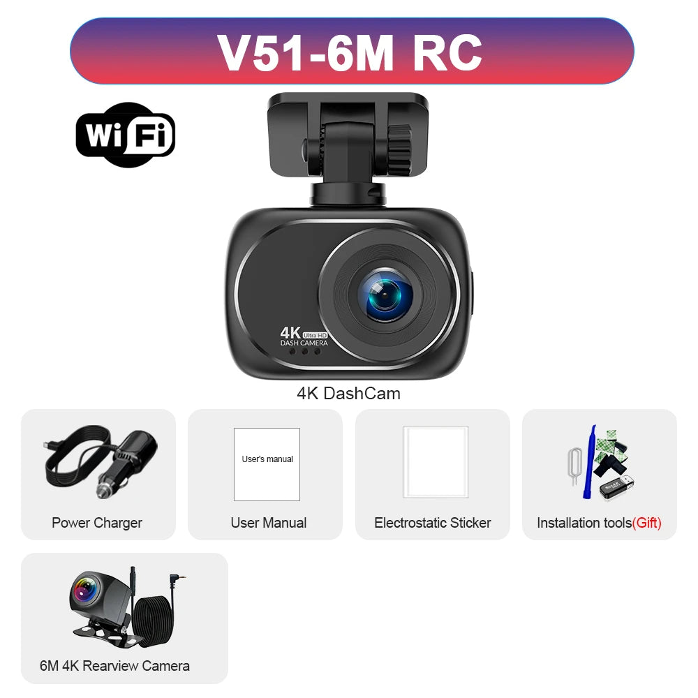 Dash Cam 4K UHD Recording Car Camera DVR Night Vision Video Recorder GPS Wi-Fi Support Dual Lens 4K Rear View Camera