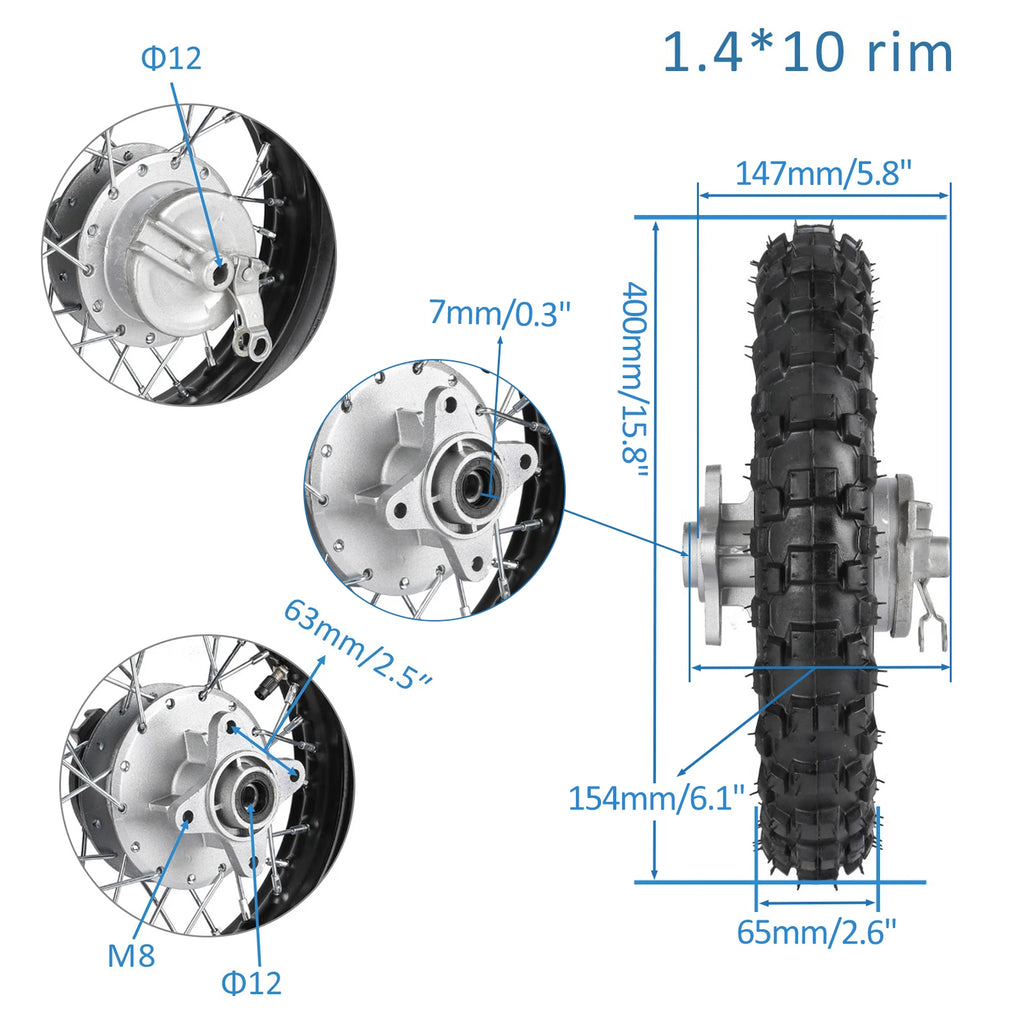 2.50-10 10" Rear Back Drum Brake Wheel Tyre Tire and Rim 1.4 x 10  &420 Sprocket  For CRF50 Yamaha TTR50 Pit Bike Pit