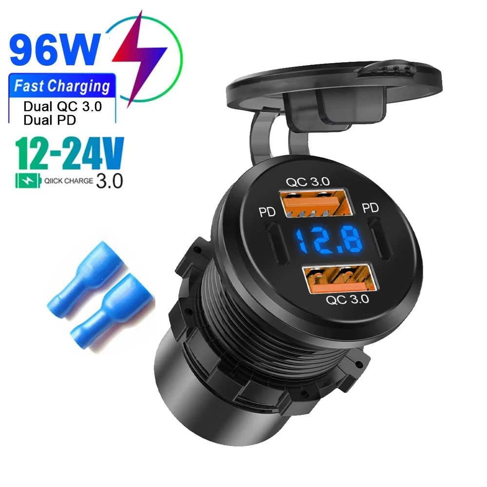 86W Car Charger PD Type C QC3.0 Fast Charging with Voltmeter Power Outlet Adapter Waterproof 12V/24V for Car Boat Motorcycle