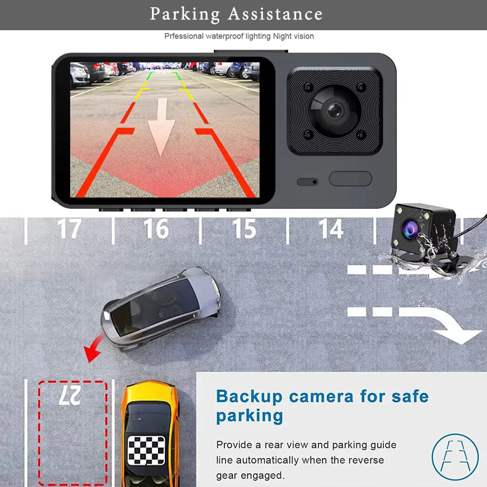 3 Channel Dash Cam Three Way Car DVR  Inside Vehicle Camera Mini Recorder HD 1080P Video Mini Registrator Dashcam Camcorder