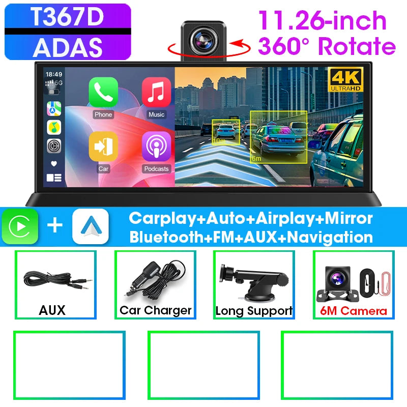 10/11.26" 4K ADAS Car DVR 360° Rotate Dashcam 1080P Rear Camera Wireless Carplay&Android Auto Adas GPS Navigation Dual Recording