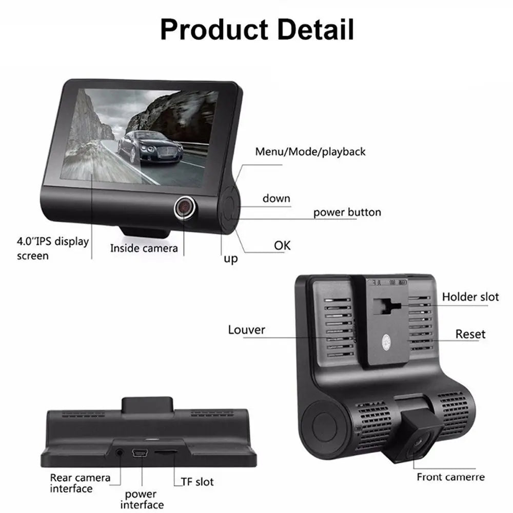 New 1080P 3-Lens Dash Cam 170° Wide Angle Full HD Car DVR Recorder G-Sensor Rear Camera for Car