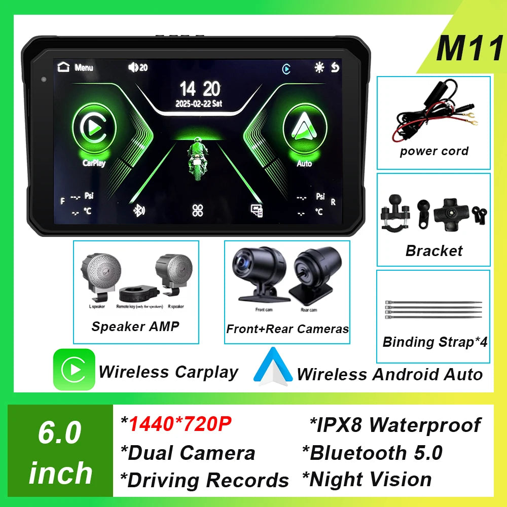 6 inch Screen For Car Motorcycle Waterproof  IPX8 Monitor Dash Cam GPS Navigation Wireless Carplay Android Auto With TPMS DVR
