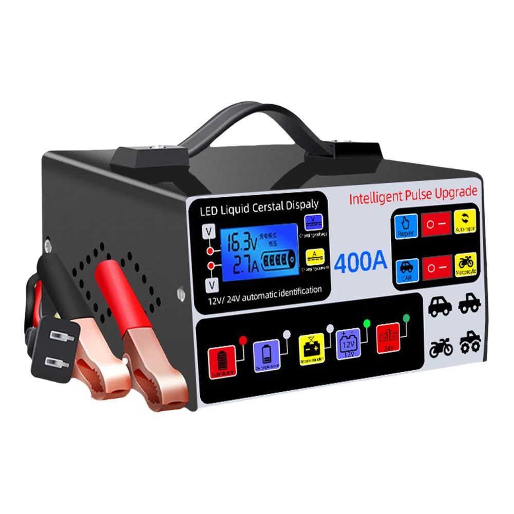 400A Car Battery Charger 220W Heavy Duty Smart Battery Charger 12V/24V Battery High Power Fast Charger Self-Stop Battery Charger