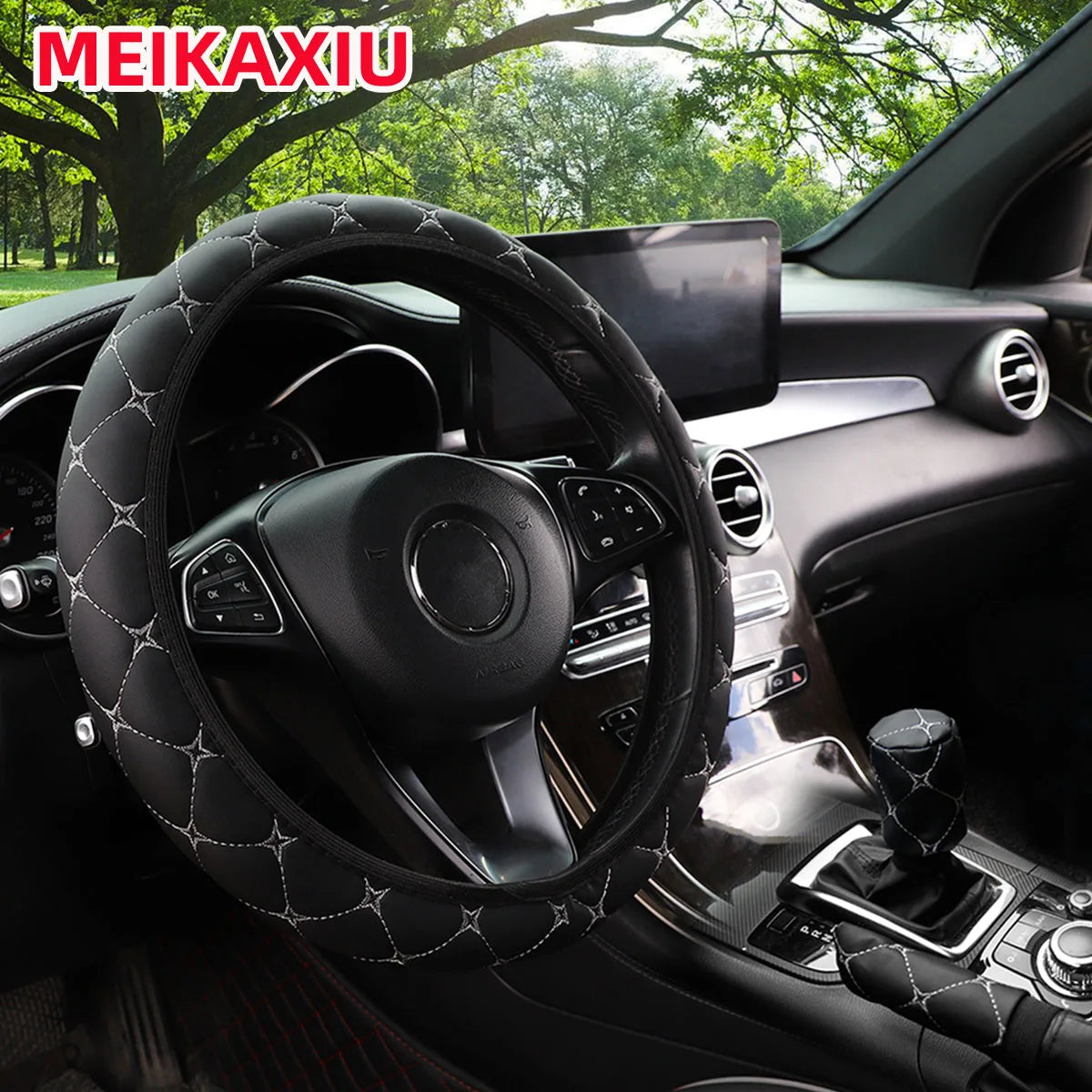 3PCS PU Leather Car Interior Accessories Star Embroidered Steering Wheel Handbrake & Gearshift Cover Set