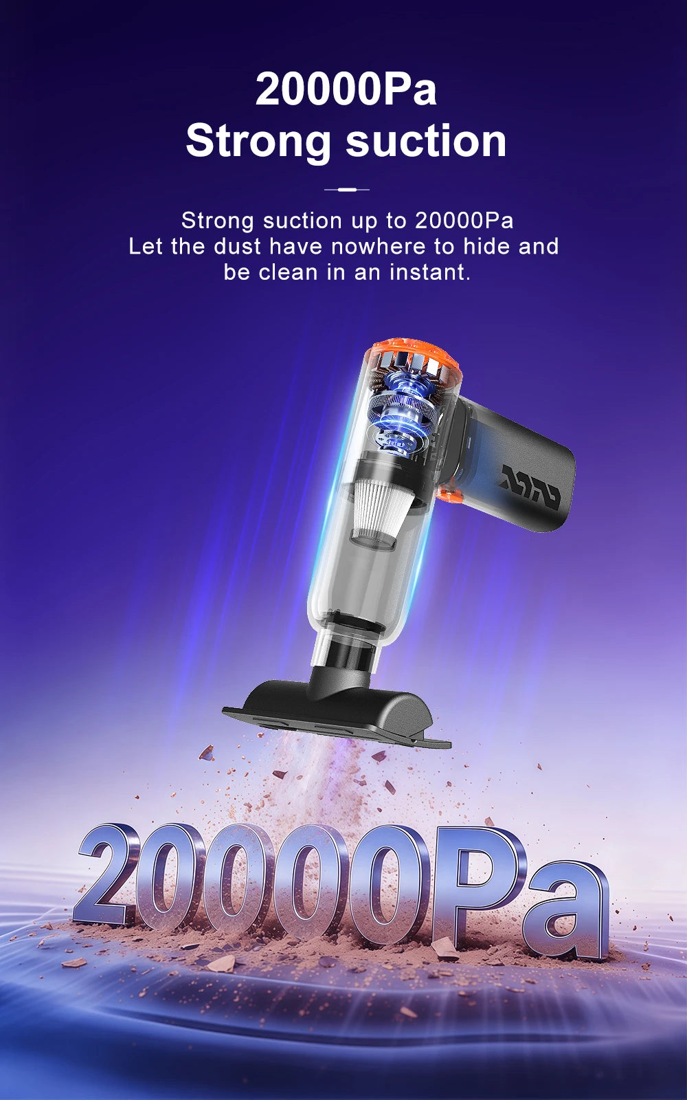 Mini Car Vacuum Cleaner | 20000Pa Strong Suction | 130,000 RPM Brushless Motor | 2*2000mAh Battery | Multi-Nozzle Set