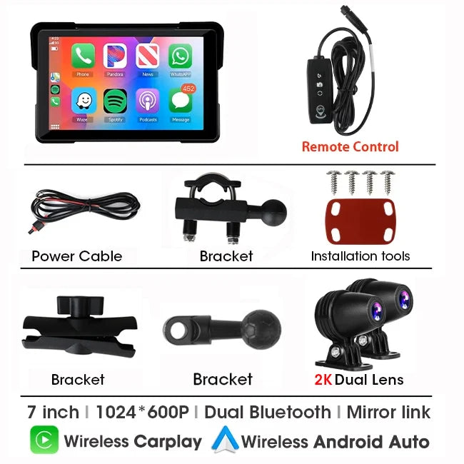 7 inch Motorcycle DVR Navigation CarPlay 2K Camera IP67 Waterproof Host Dual Bluetooth Wireless Android Auto For Moto screen
