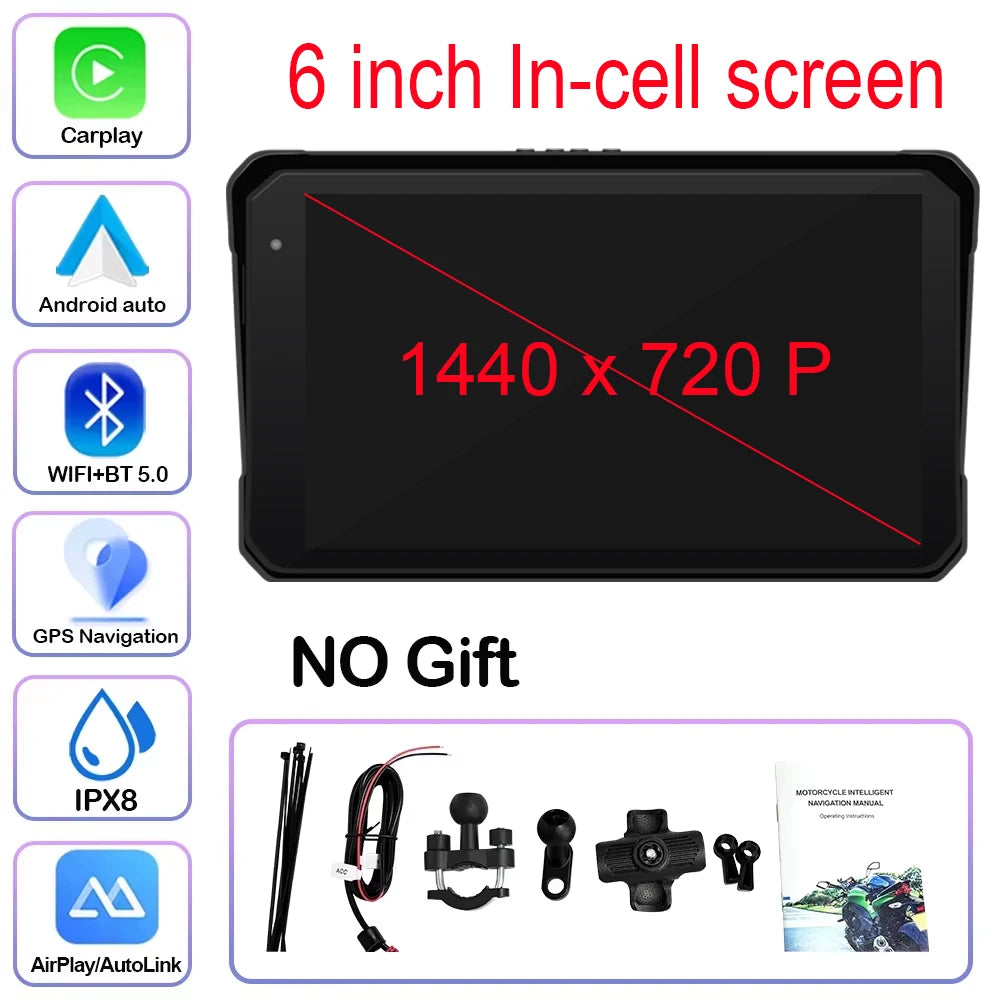 Motorcycle Navigation 6 inch Screen 1440*720P GPS Wireless CarPlay Android Auto Motorcycle GPS Motor DVR Monitor TPMS Optional