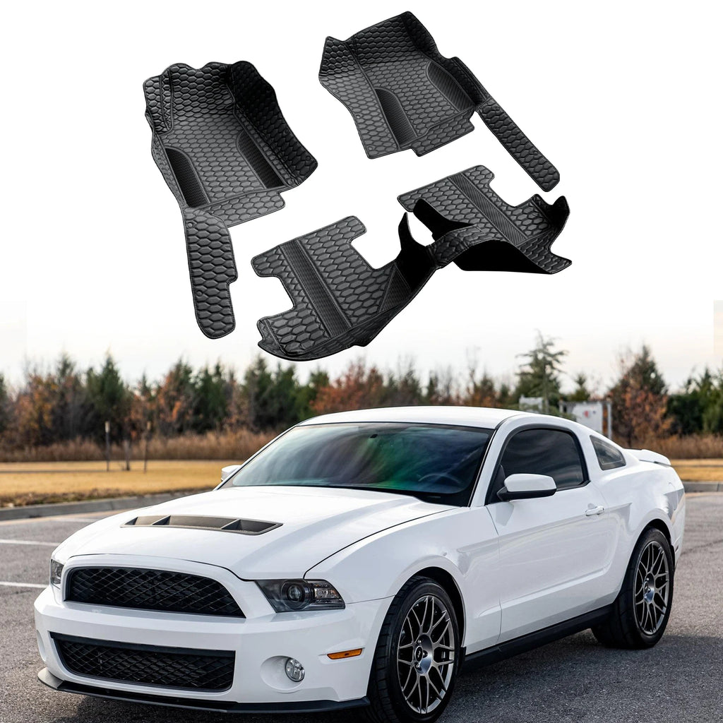 Black Car Floor Mats Full Set Leather with Black Stitching for Ford Mustang 2010-2014 Waterproof Anti-Slip Interior Accessories