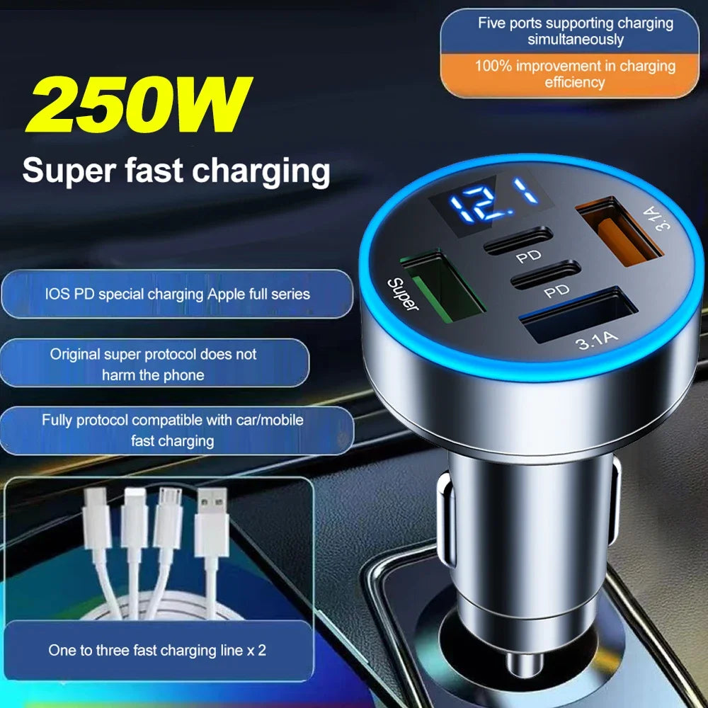 250W Fast Charger 3 Ports USB 2 Ports PD Car Charging Mobile Phone Type-C Adapter Quick Charger in Car for iPhone Xiaomi