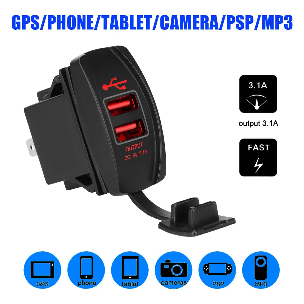 Car Charger 5V 3.1A LED Dustproof Phone Charger Waterproof Auto Adapter Dual USB Ports for Car RV Camper Caravans