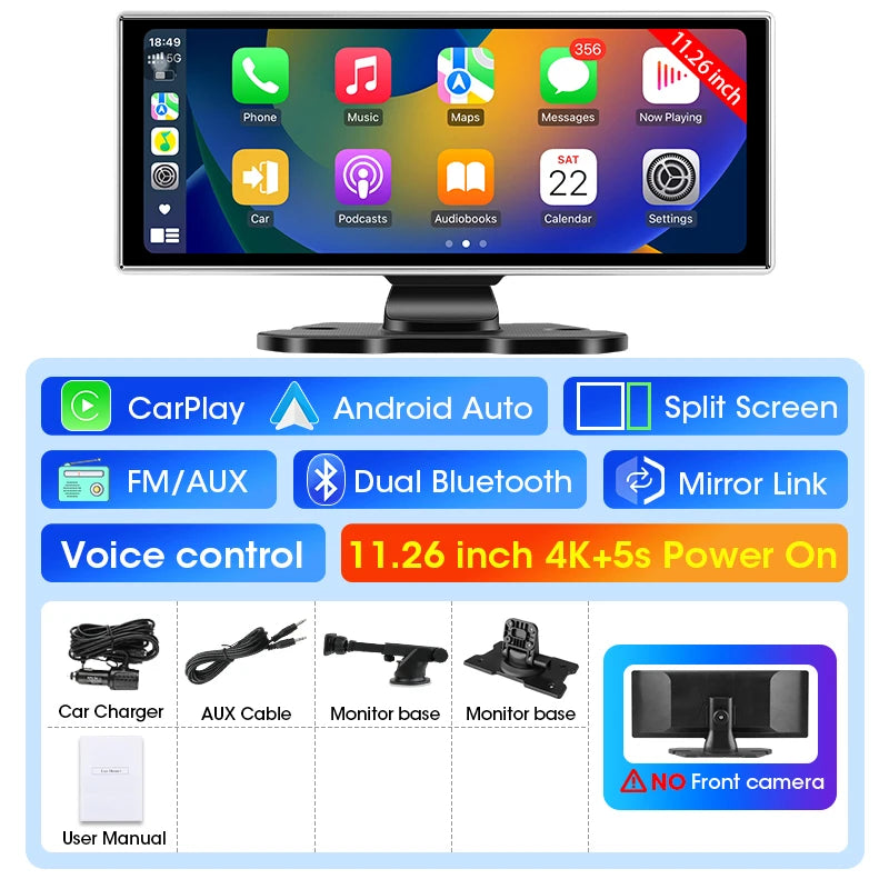 11.26 inch Dash Cam Car Monitor 4K Camera Wireless Carplay & Android Auto GPS Navigation Bluetooth5.0 Dashboard Car DVR FM  AUX