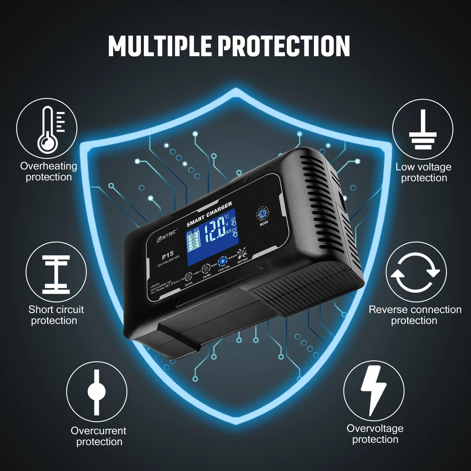 HTRC 12V/24V 15A Car Battery Charger Smart Charger for Lead-Acid PB LiFePO4 Battery 7-Stage Automatic Car Motorcycle Charger