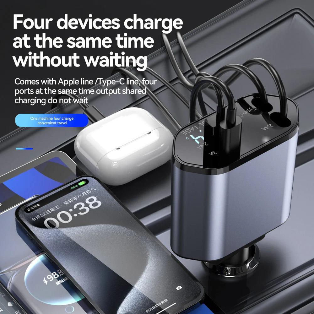 Retractable Car Charger 4 in 1 Fast Charging Car Charger 120W Dual Type-C Retractable Cable and 2 USB Ports Car Charger Adapter