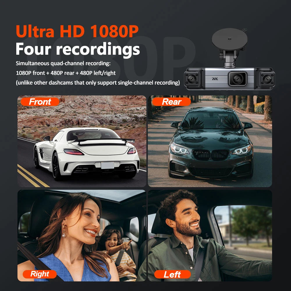 dashcam 4 channels wifi car dvr dashboard cameras for car way back box parking mode 24h front and rear interior 360 dash cam