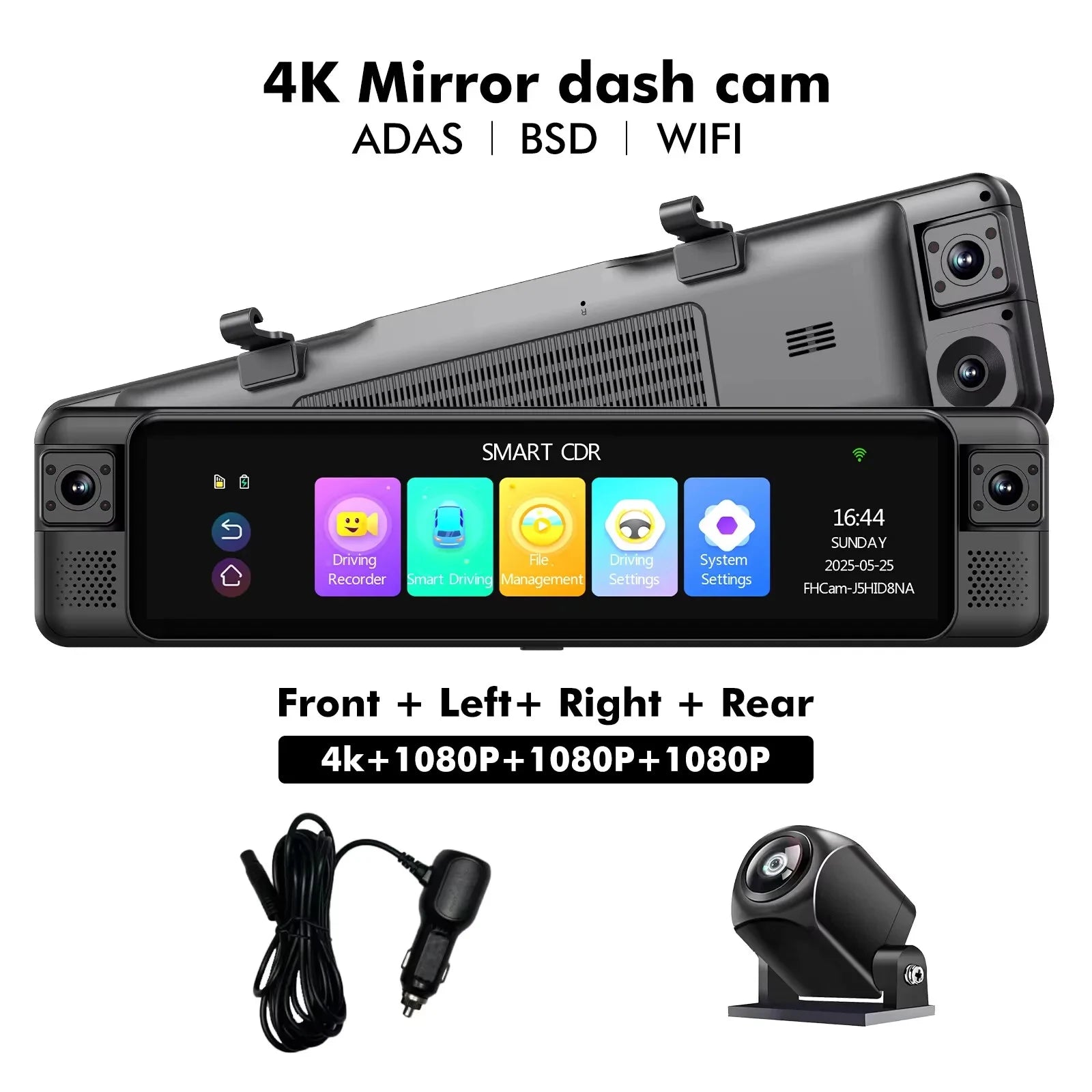 4CH Dash Cam 11" 4K+1K+1K+1K WIFI Rear View Mirror 4 Cameras Video recorder Car DVR ADAS BSD Night Vision 24H Parking Monitor