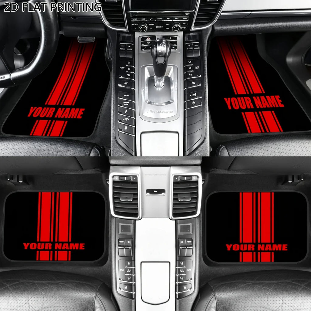 Custom 4pcs Car Floor Mats With Personalized Name/Text - Red Vertical Stripes On Black, All-Season Durable Polyester Auto Liners