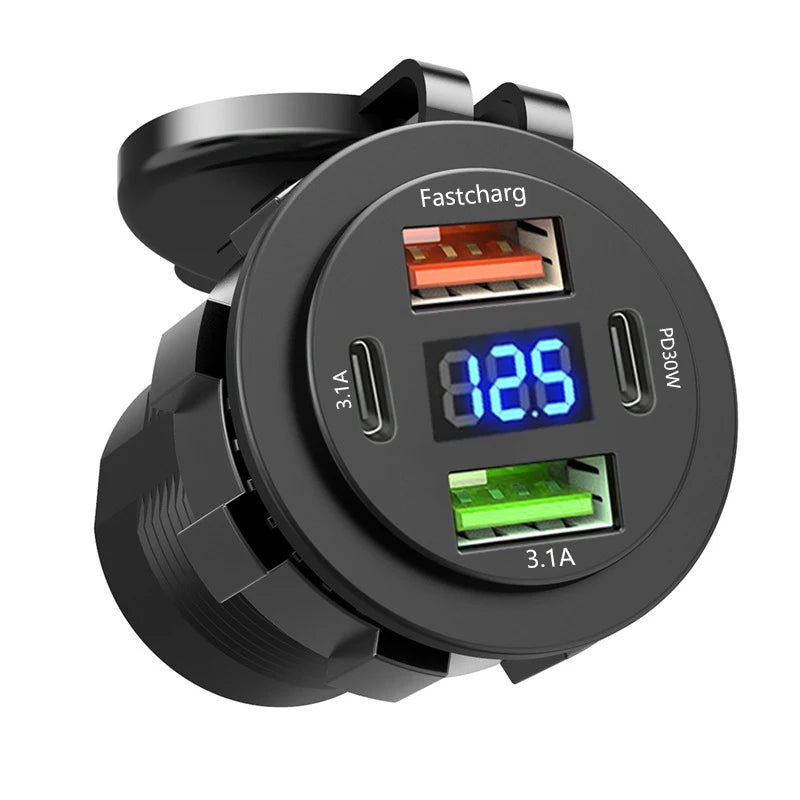 86W Car Charger PD Type C QC3.0 Fast Charging with Voltmeter Power Outlet Adapter Waterproof 12V/24V for Car Boat Motorcycle