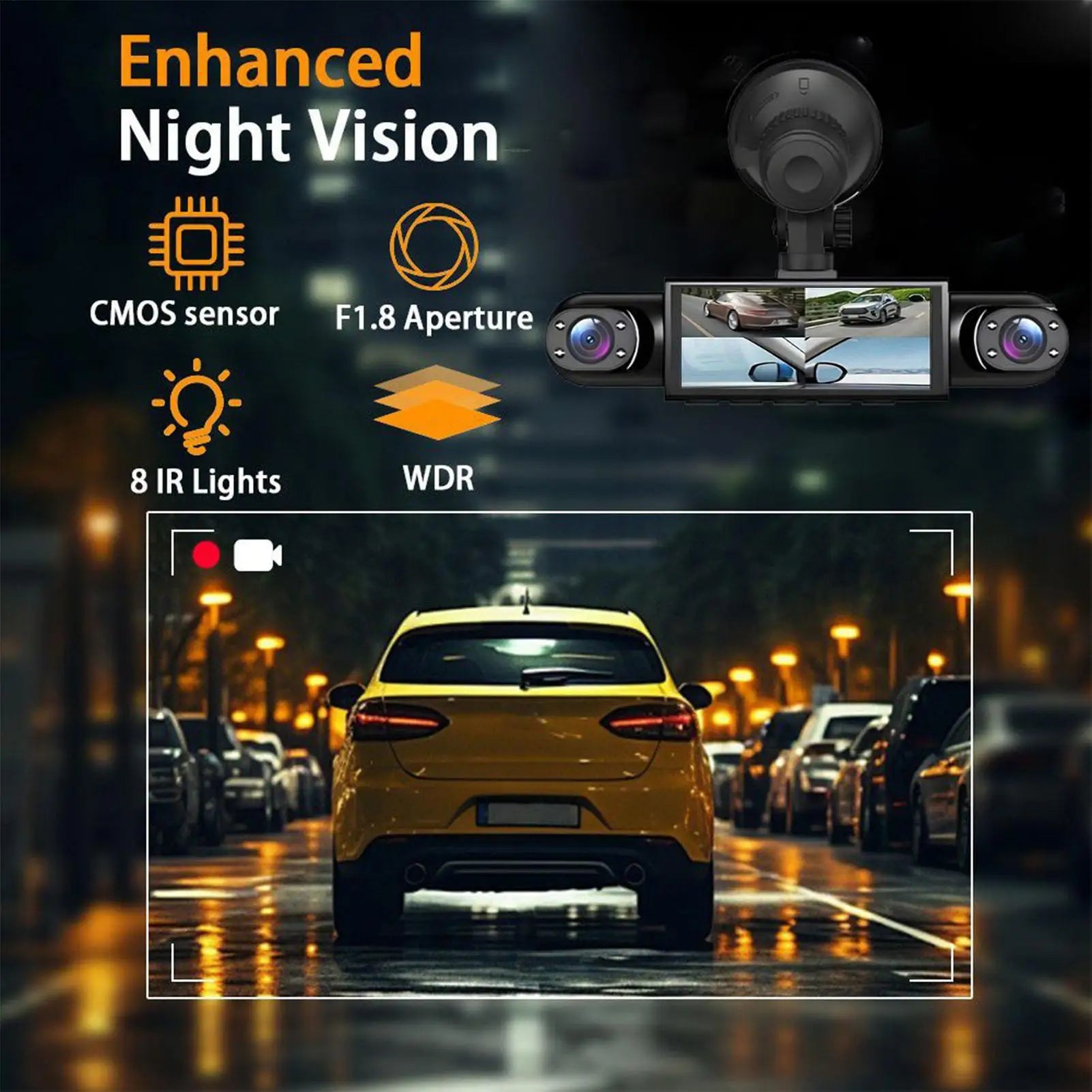 Dash Cam 4 Channel Battery Powered Dash Cam 1080P Monitor with 32G Card Rear Reversing Image for Left Right Front Blind Spot
