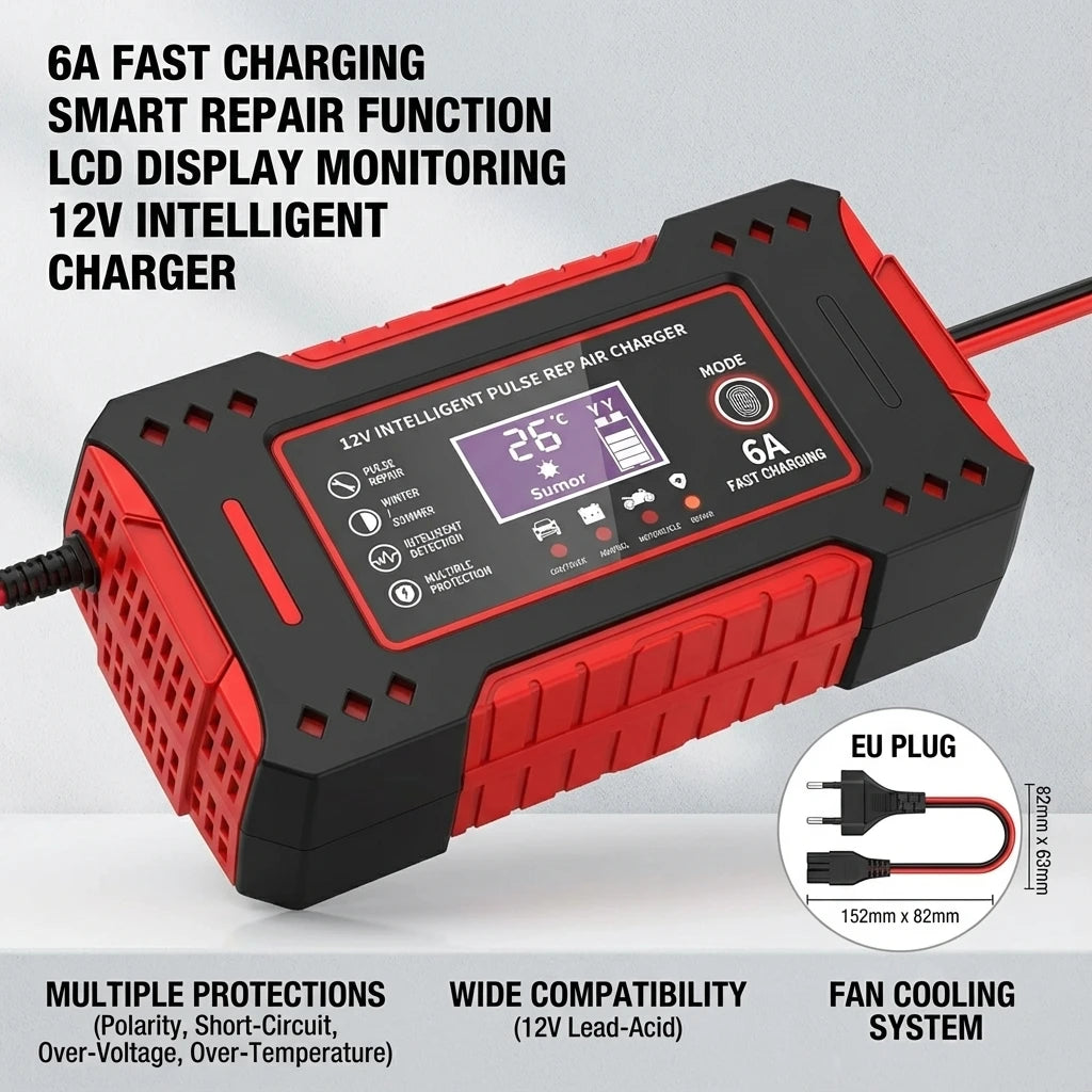 Smart Car Battery Charger 12V, Motorcycle Battery Maintainer with LCD Display for Lead-Acid Repair