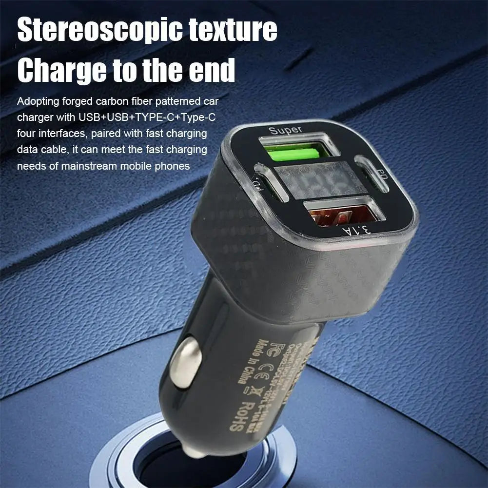 USB C 66W Car Phone Charger Dual PD 4 In 1 With Voltage Display General Super Fast Charge Adapter CE Car Accessories