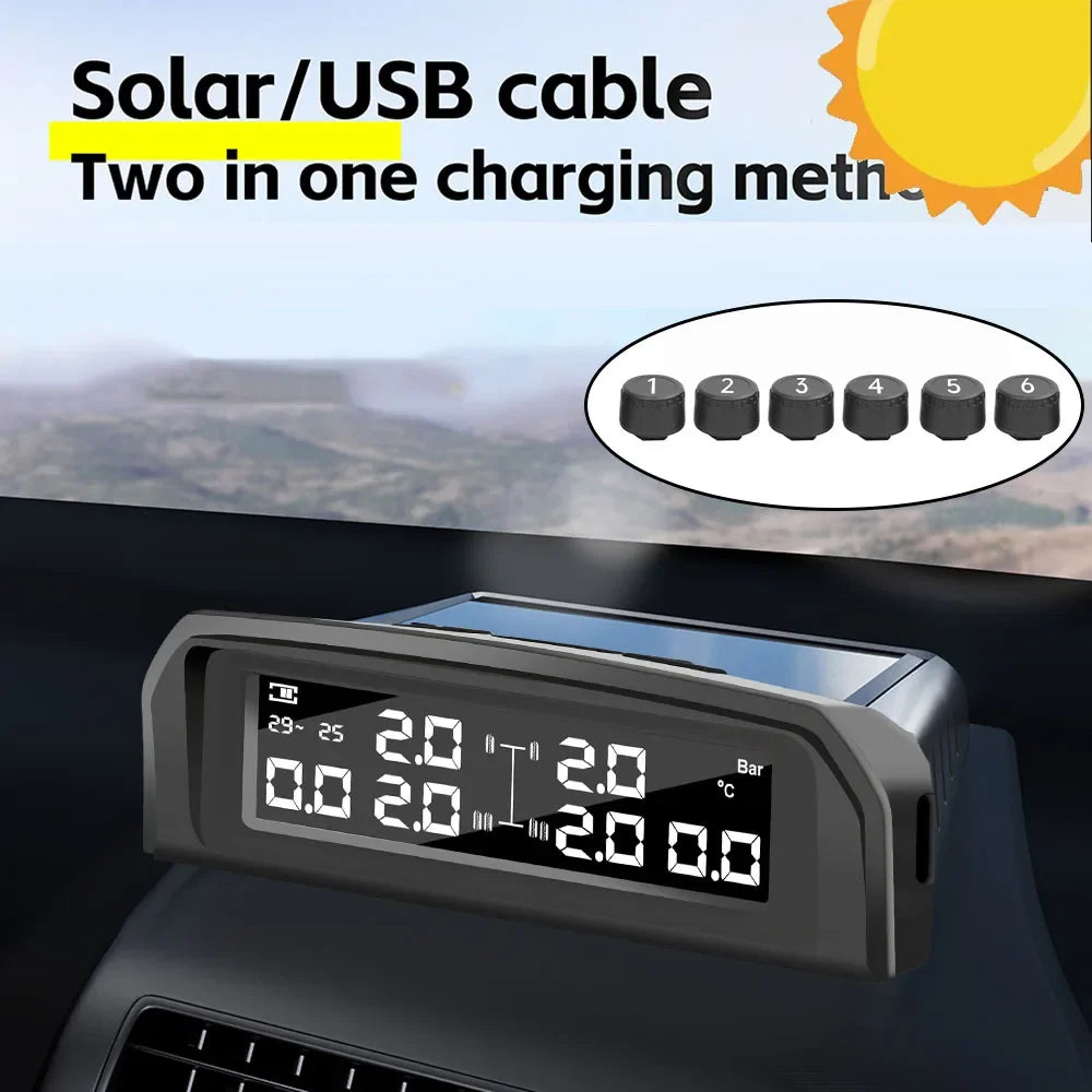 Temperature Warning Tire Pressure Monitoring System Solar TPMS With 6 External Sensors Car Tyre Pressure Monitor for   Truck RV