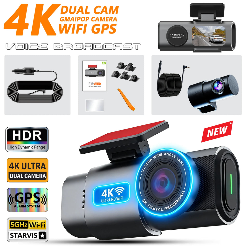 Dash Cam 4K UHD Recording Car Camera DVR HDR Night Vision Video Recorder Built-In Wi-Fi Support GPS 24H Parking APP Monitor